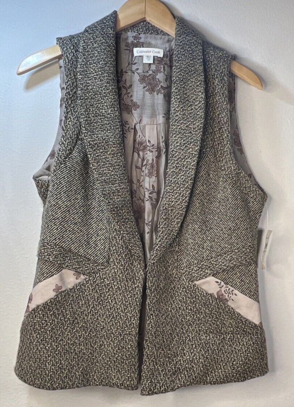Coldwater Creek NWT Vest Womens 10 Brown Tweed Knit Adjustable Floral Boho Artsy